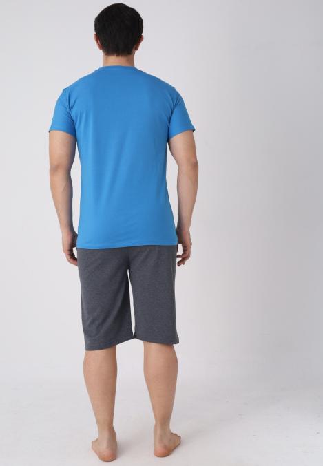 Pijama barbat cu maneca scurta si pantaloni 3/4, culoare albastru, Engros